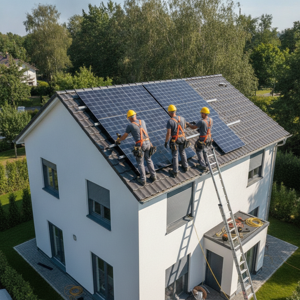 Create a realistic, professional service-business photograph showing Solar Panel Installation from behind, with the backs of their heads visible. Do not show any faces, facial features, front-facing views or side views, profiles, or identif