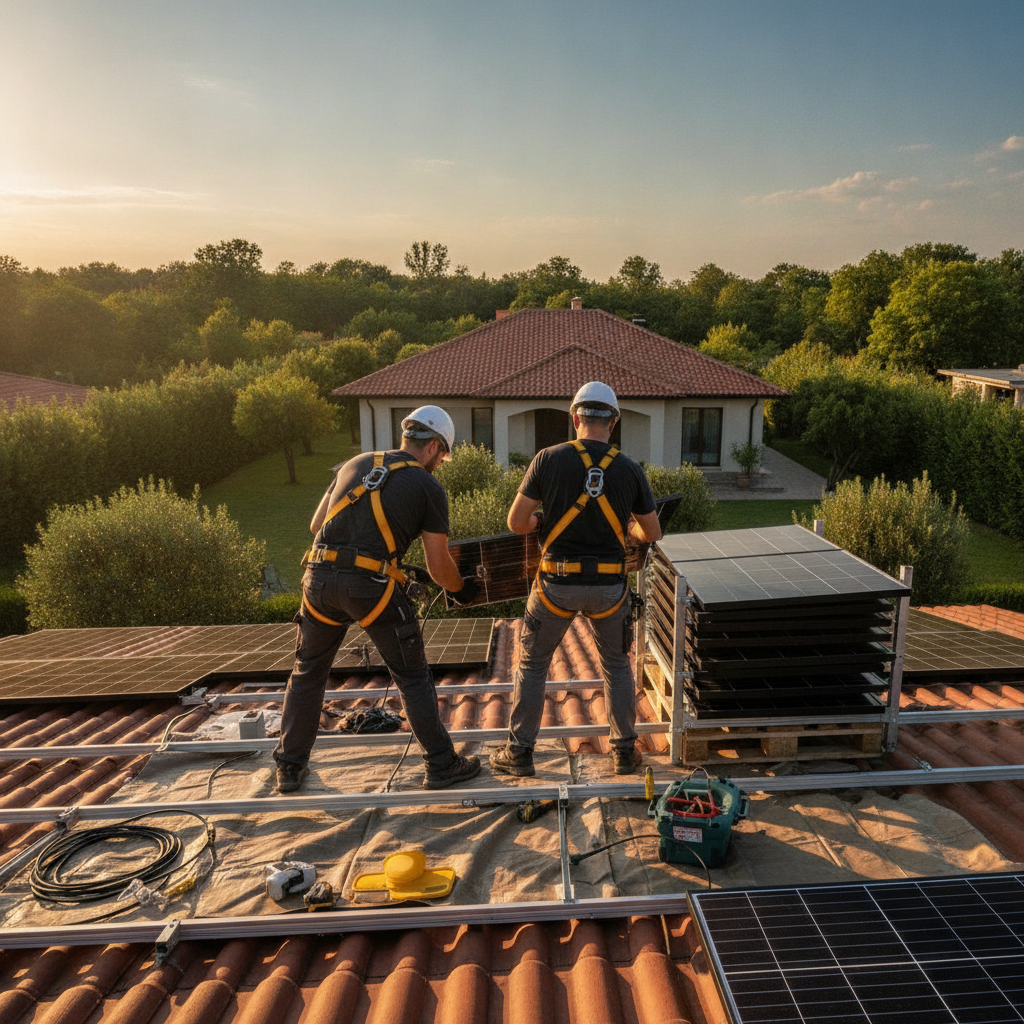 Create a realistic, professional service-business photograph showing Solar Panel Removal from behind, with the backs of their heads visible. Do not show any faces, facial features, front-facing views or side views, profiles, or identifiable